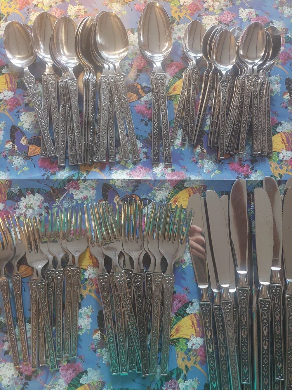 Large Lot Of VTG Stainless Steel Silverware Embossed 76 Pc.